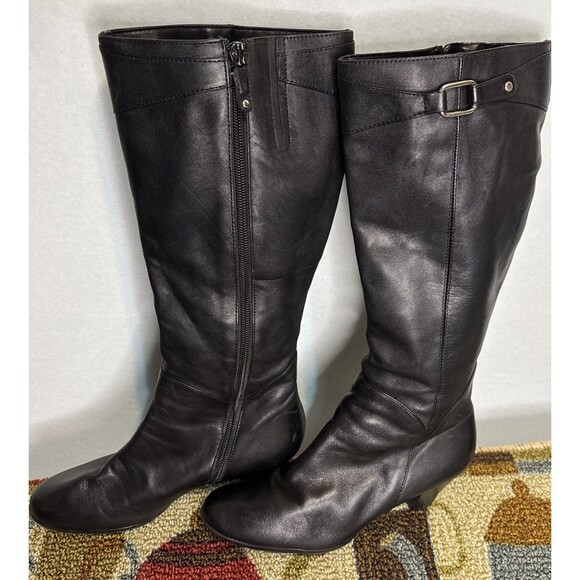 Ladies Black Side Buckle Knee-High Heeled Leather Boots Size 5 - Picture 2 of 5